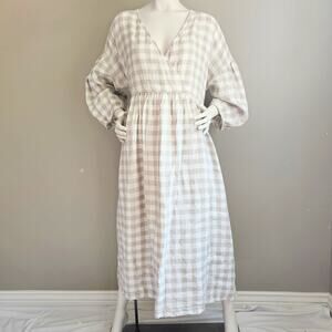 OffOn Clothing Linen V Neck Puff Sleeves Gingham Maxi Dress Sz XXL Wrap Pockets